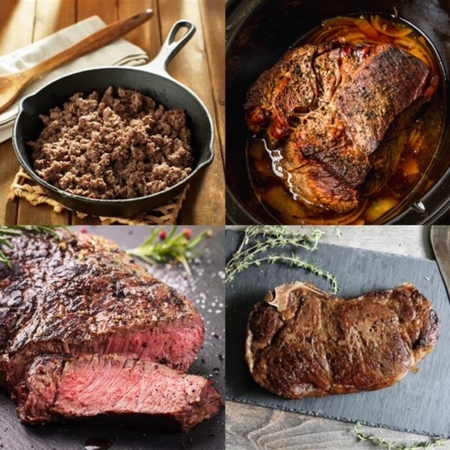 Beef Variety Box contents: ground beef, roast and steaks